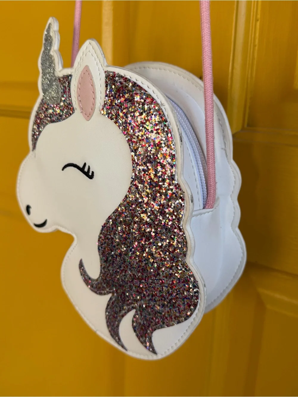 Kids White Unicorn Crossbody Bag with Pink Multicolor Glitter Mane